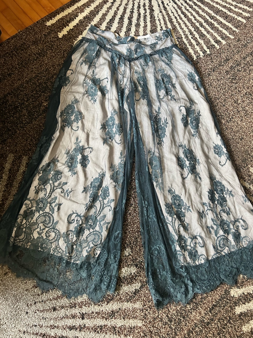 Lace Overlay Wide-Leg Pants - Teal